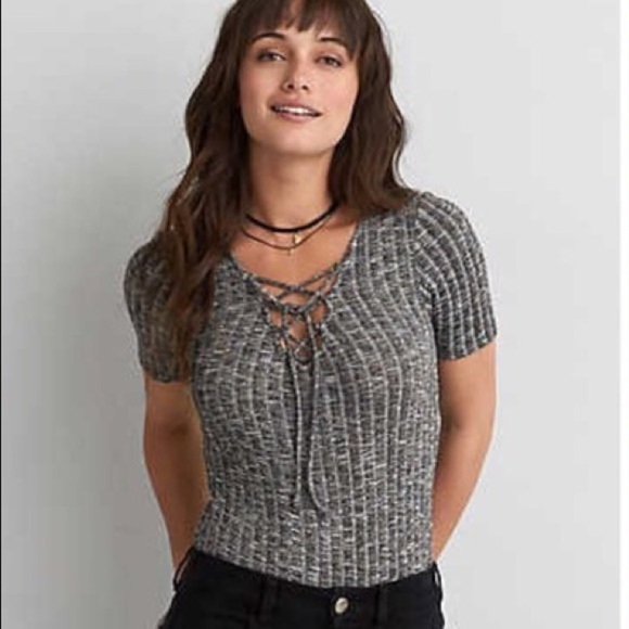 American Eagle Outfitters Tops - American Eagle Gray Ribbed Short Sleeve Lace Up Blouse